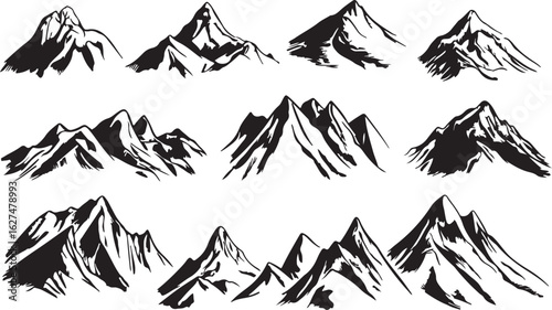 Collection of hand drawn black and white mountain peaks in a sketchy artistic style