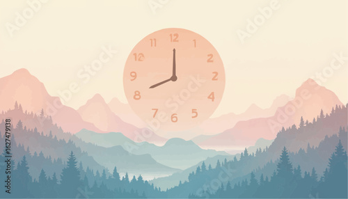 Minimalist Mountain Landscape with Overlaid Clock in Soft Pastel Colors