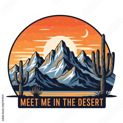 Art of meet me in the desert a vibrant sunset over mountains with cacti and a crescent moon, evoking adventure and wanderlust