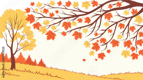 Vibrant autumn landscape with falling maple leaves and silhouetted trees on a gentle hillside
