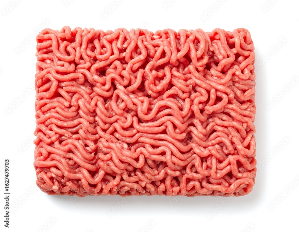 A rectangular slab of ground meat, pink in color, is presented against a stark white background, viewed from directly above A rectangular slab of ground meat, pink in color, is presented against a stark white background, viewed from directly above