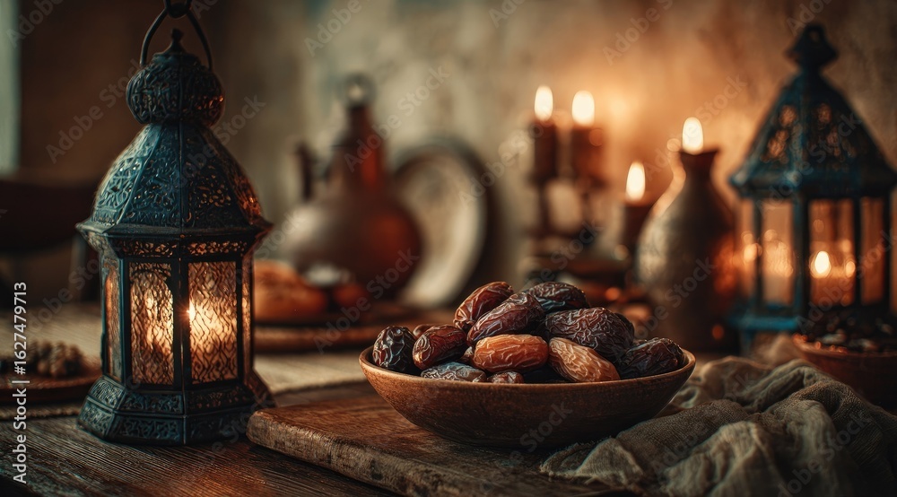 Obraz premium Dates in bowl, lantern, candles, rustic setting
