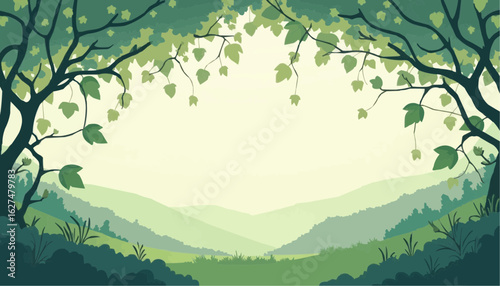 Serene Green Forest Landscape with Rolling Hills and Leafy Trees in Illustration Style