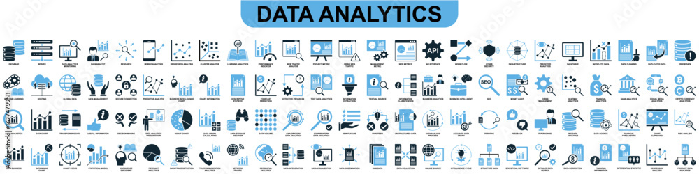 Set data analytics icon vector for business intelligence, reporting, and data science. Ideal for illustrating research, statistical analysis, and information insights with a cohesive design.