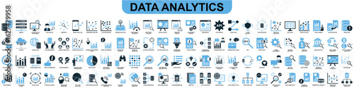 Set data analytics icon vector for business intelligence, reporting, and data science. Ideal for illustrating research, statistical analysis, and information insights with a cohesive design.