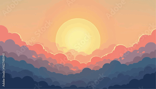 Beautiful Sunrise with Pink and Purple Clouds Over Layered Blue Sky in Artistic Style