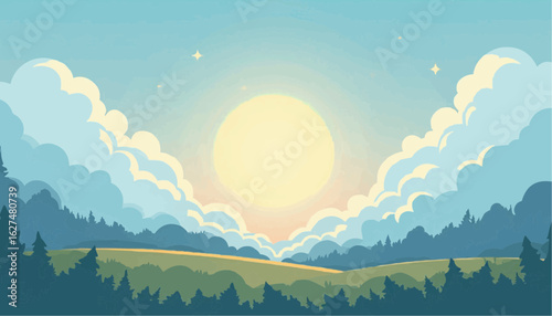 Bright Sun Rising Over Green Hills and Blue Clouds in Digital Illustration