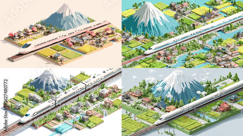 Isometric-style digital illustrations of Japanese bullet trains passing through towns and fields with Mount Fuji in the background.

