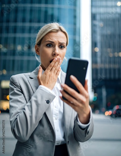 A businesswoman looks shocked at her phone, outdoors in a city