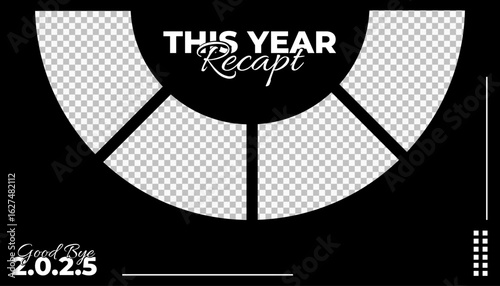 This Year Recap 2025 banner template. Modern year-end summary collage with empty photo frames for social media review.