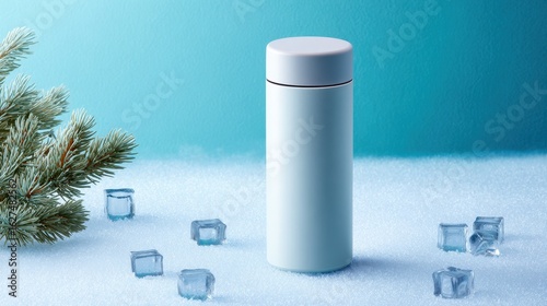 A sleek, light blue thermos stands on a snowy surface surrounded by ice cubes and a pine branch