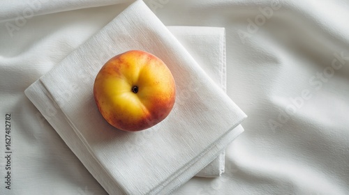 Fototapeta Naklejka Na Ścianę i Meble -  Flat lay of clean white space with a single ripe peach on a folded napkin, minimal copy space