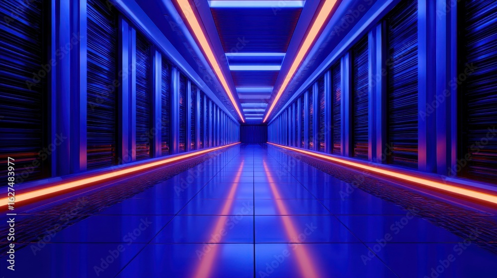 Fototapeta premium Futuristic data center corridor with vibrant blue and orange lighting, reflecting on polished floors