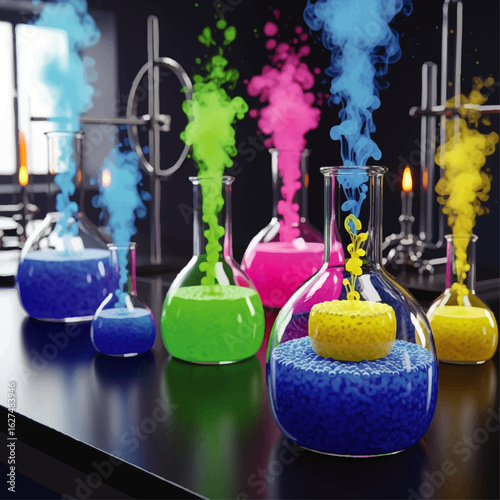 Colorful liquids swirling in beakers in a laboratory setting, with vibrant smoke and bubbling effects.