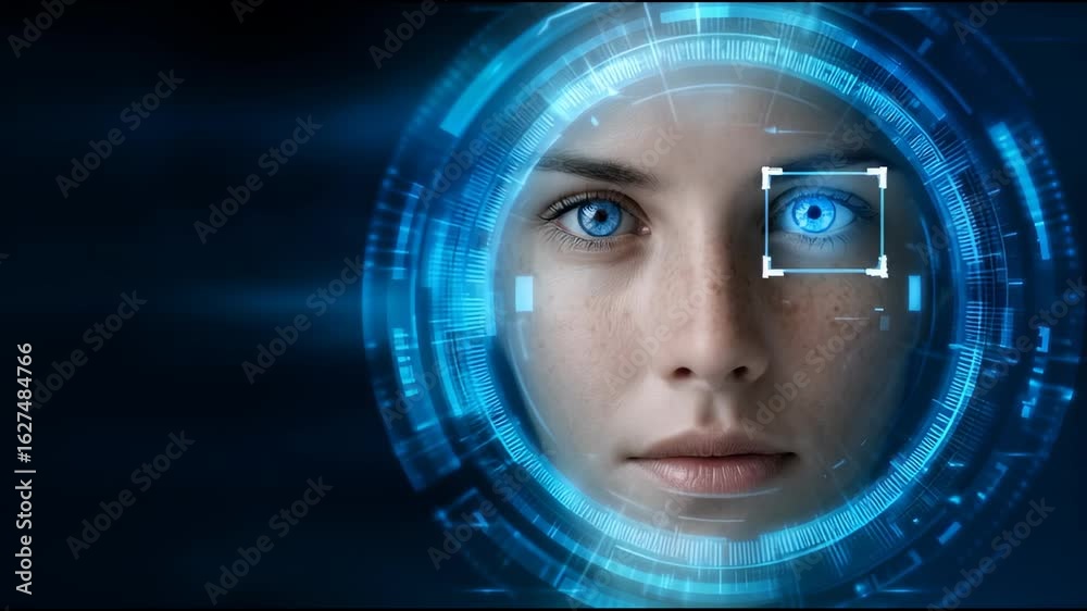 Human face with blue eye biometric recognition and futuristic digital ...