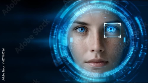 Human face with blue eye biometric recognition and futuristic digital interface scanning technology featuring glowing circular HUD elements and advanced security identification system