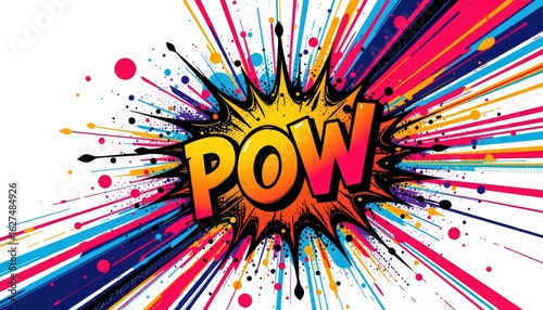 Comic style paint explosion design with vibrant streaks of paint in diagonal and circular patterns