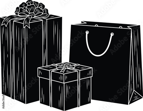 Festive gift boxes and shopping bag create celebratory holiday shopping vibes