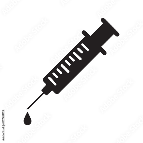 Syringe icon with needle and drop, medical injection symbol for vaccination and healthcare.
