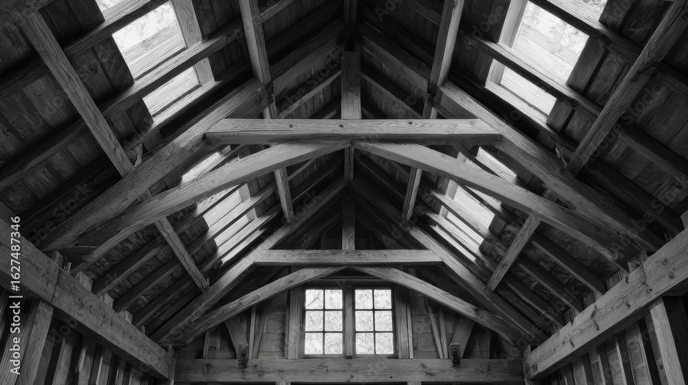 Obraz premium Wooden roof structure of an old building interior.