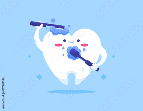 a concept of cleaning teeth to make them clean. maintain dental health and hygiene. illustration of a character brushing his teeth using a toothbrush. flat style design. element. blue background
