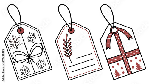 Charming hand drawn christmas gift tags featuring snowflakes a sprig and festive presents with red accents and string loops