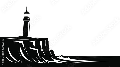A striking black and white vector illustration showcases a lighthouse perched atop a cliff, its light beams radiating outwards over the ocean, creating a dramatic coastal scene.