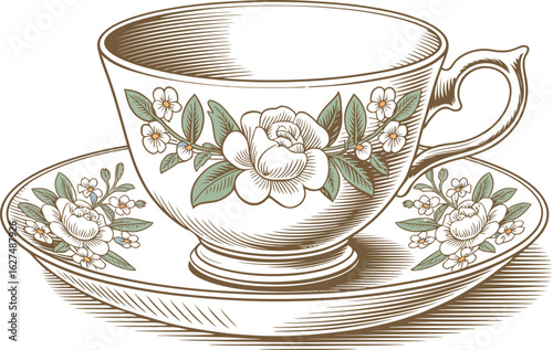 A charming teacup and saucer illustration showcases delicate floral designs, perfect for vintage themes, tea parties, or elegant design projects with a touch of classic beauty.