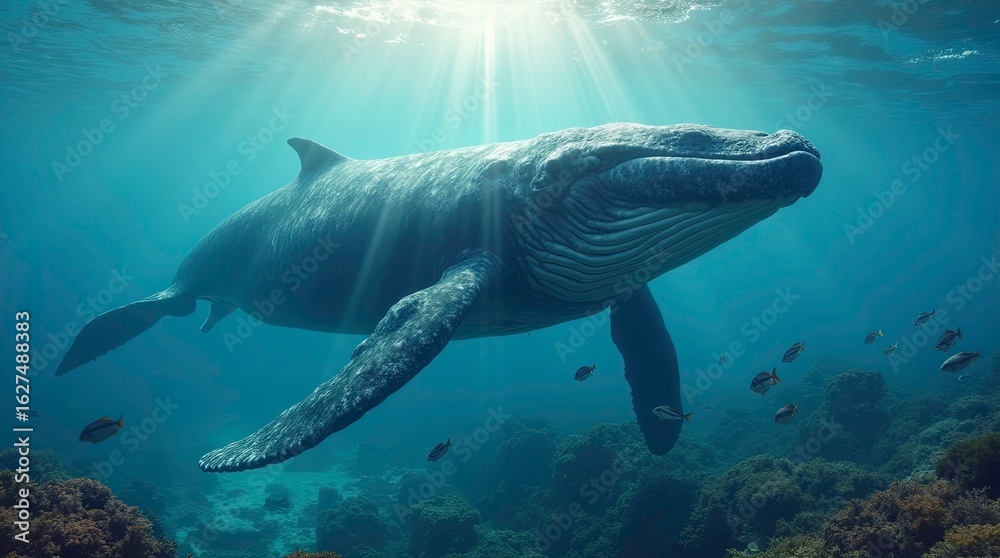 Fototapeta premium A solitary whale swimming gracefully in the open ocean, its massive body partially submerged light rays coming through surface 3d render