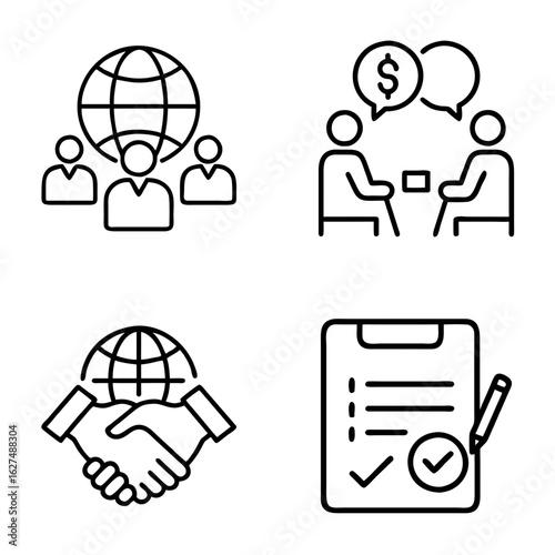 Concept of global business collaboration icons, black outline, transparent background