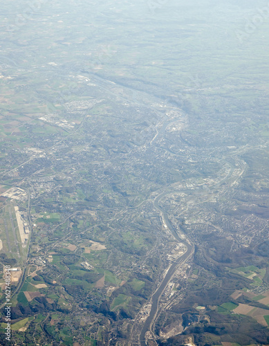 Aerial view of River Meuse flowing through Liege on a sunny morning