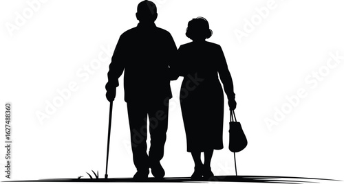 Silhouette of an elderly couple walking together, the man using a cane and the woman carrying a purse, symbolizing companionship, aging, and support in a timeless black and white design.
