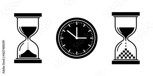 Symmetrical Time Hourglasses with Sand and Pixelated Cubes Flanking a Clock