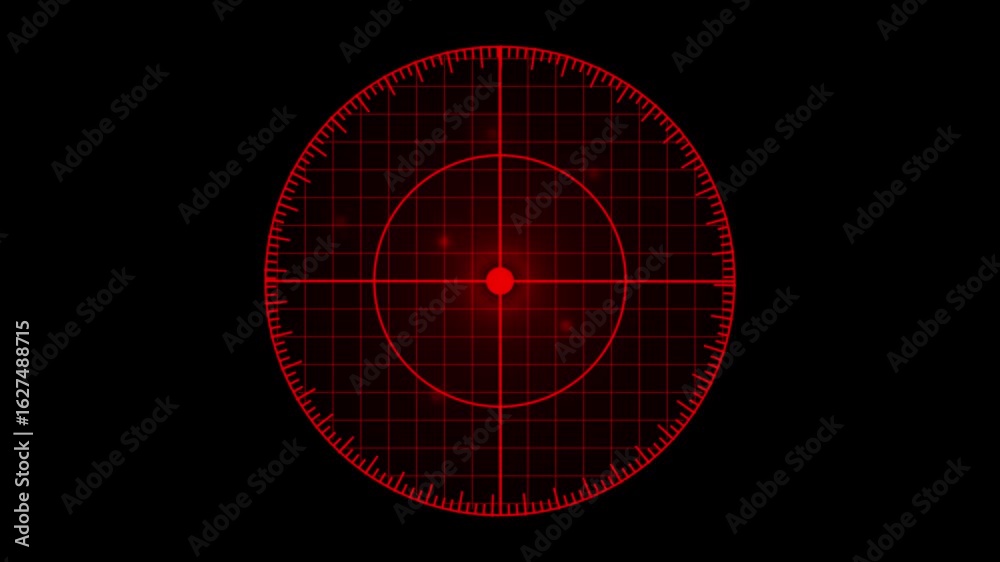 Red animated radar screen technology interface. HUD sci-fi futuristic targeting system. Animated red radar screen. Digital display glowing circles grid lines blips signals.