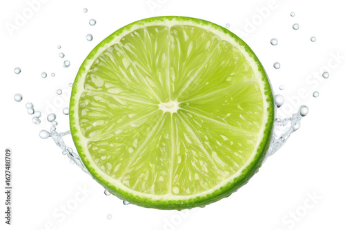 Fresh lime slice splashing water isolated on transparent background