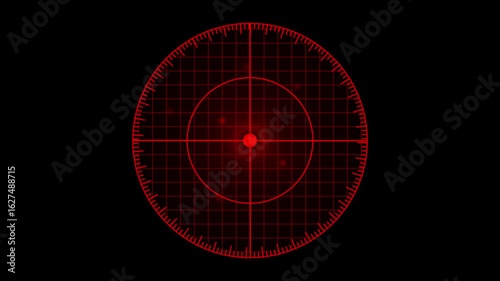 Red animated radar screen technology interface. HUD sci-fi futuristic targeting system. Animated red radar screen. Digital display glowing circles grid lines blips signals.