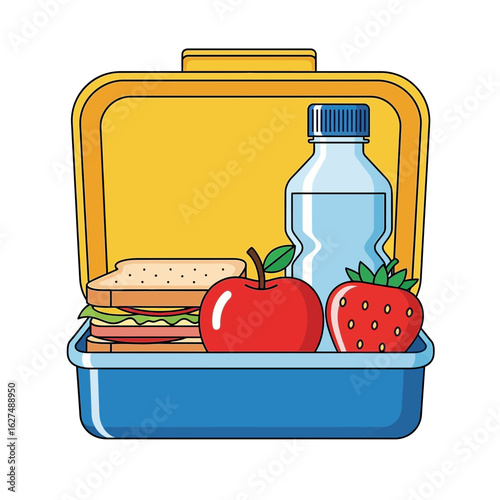 Open Lunchbox with Sandwich Water Bottle Red Apple and Strawberry