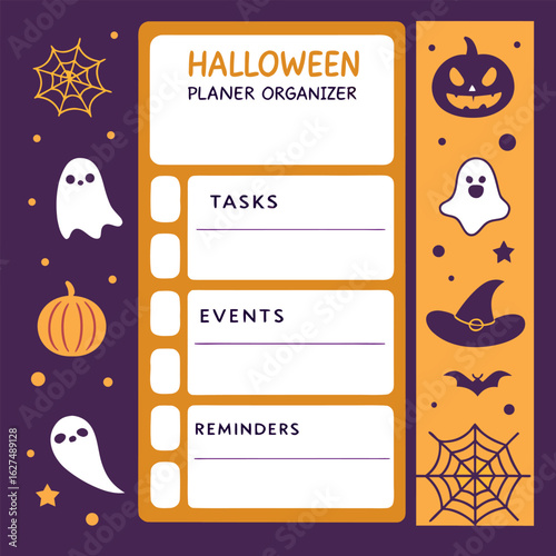 Spooky halloween planner organizer with tasks events and reminders featuring ghosts pumpkins and spiderwebs for a fun festive season