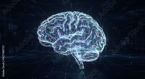 A glowing digital brain composed of interconnected particles, representing artificial intelligence and neuroscience.