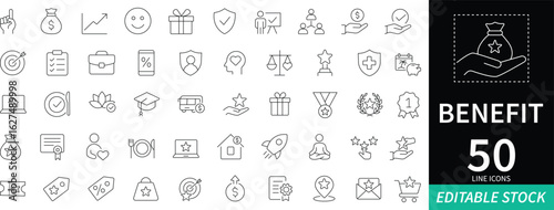 Benefit Icon Set featuring editable line vector icons. Includes symbols for bonus, loyalty, prize, incentive, employee benefits, and rewards. Ideal for HR, performance recognition, 