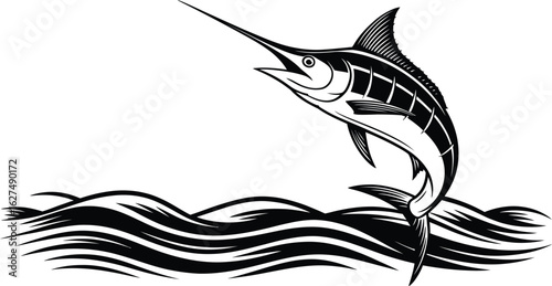 A striking black and white illustration showcases a marlin leaping from stylized waves, perfect for fishing enthusiasts, marine life projects, or nautical themed designs with its bold lines.