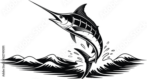 A striking black and white illustration showcases a marlin leaping from stylized waves, perfect for fishing enthusiasts, nautical themes, or graphic design projects requiring a bold, aquatic element.