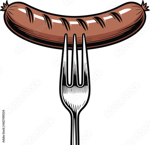 A flavorful sausage illustration, skewered on a fork, showcases a delicious culinary delight with its appetizing appearance and detailed design, perfect for food-related projects.