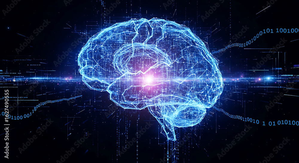 Glowing digital brain, neural network, data streams, technology concept. Glowing digital brain, neural network, data streams, technology concept.