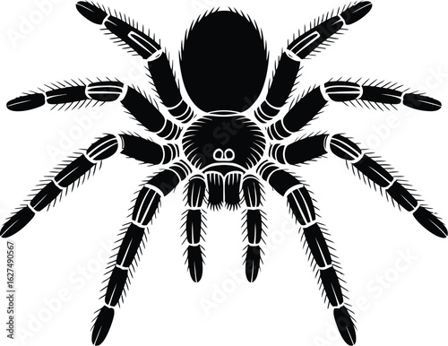 Detailed vector illustration showcases a tarantula spider, its hairy legs and segmented body rendered in striking black silhouette, perfect for nature or Halloween themed designs.