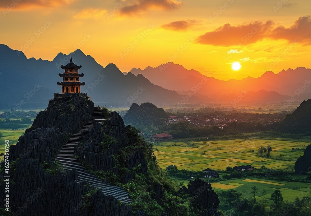 Obraz premium Stunning mountain landscape at sunset with pagoda.