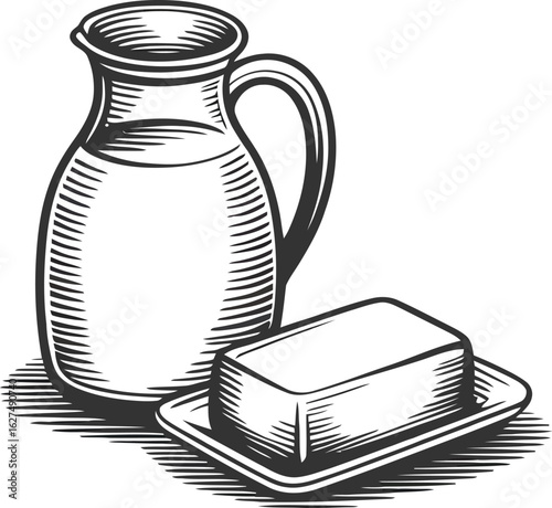 Engraved illustration showcases a vintage milk pitcher and a block of butter on a dish, rendered in a classic, detailed style perfect for culinary or dairy-themed designs.