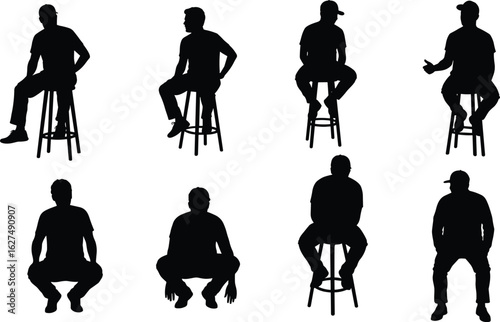 Silhouette of men sitting, squatting on stools, various poses, black and white, isolated figures, design elements, stock photo, minimal