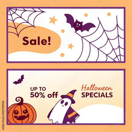 Spooky halloween sale and specials featuring cute bats ghosts pumpkins and spiderwebs with discount offers