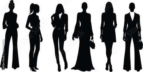 Fashion silhouettes of six stylish women, modern outfits, elegant clothing, diverse styles, chic trends, feminine fashion, contemporary apparel, fashionable looks